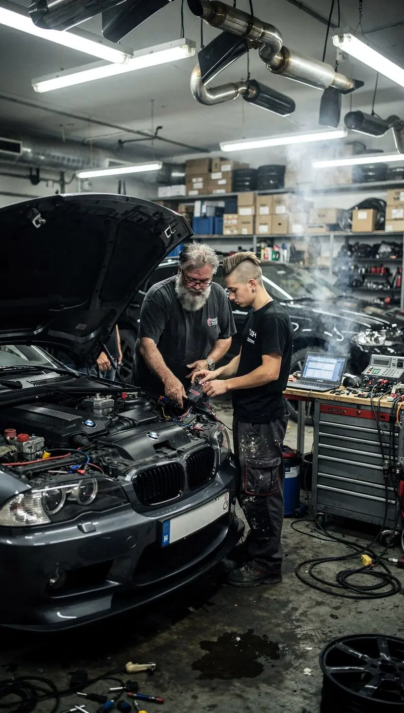 Ukážka digitálnej diagnostiky motora a softvérovej optimalizácie výkonu v modernom servise.
